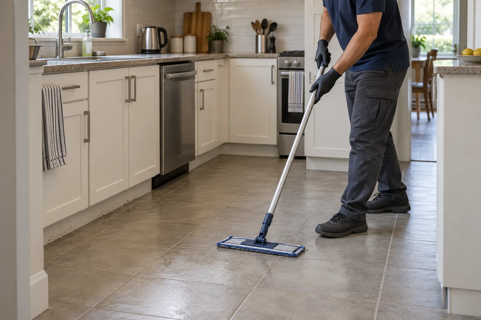 Professional mopping the floor of a residential kitchen.
