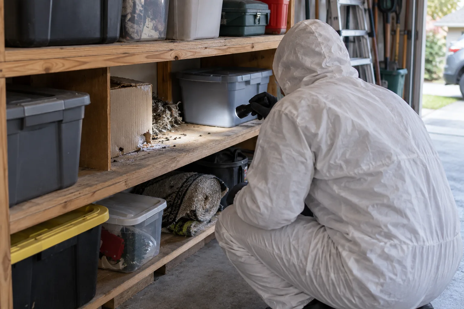 Technician inspecting rodent activity around garage shelving.