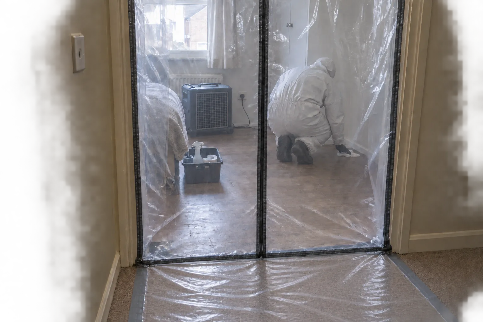 Closed containment doorway with clear polyethylene floor protection.