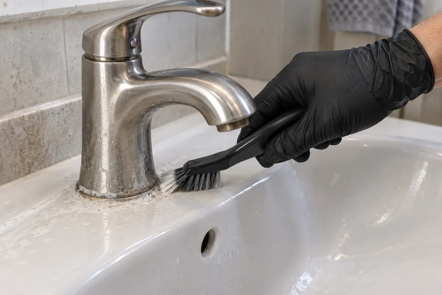 Black-gloved hand brushing around a bathroom faucet base.