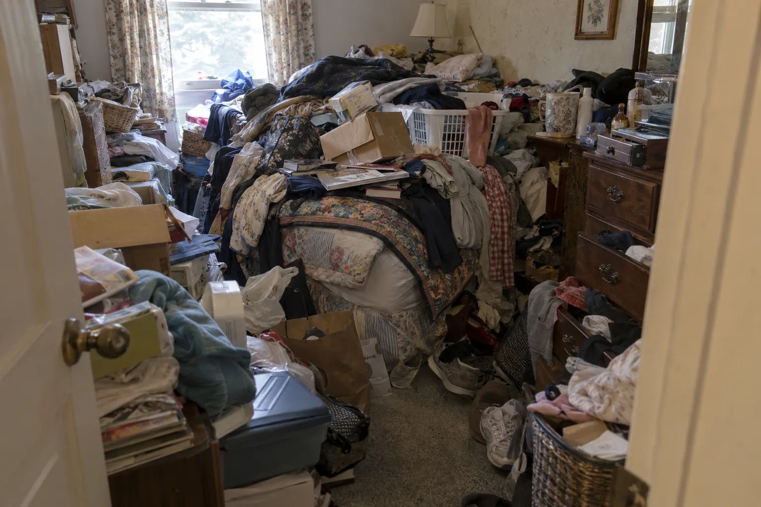 Bedroom filled with accumulated clothes, boxes, and household belongings.