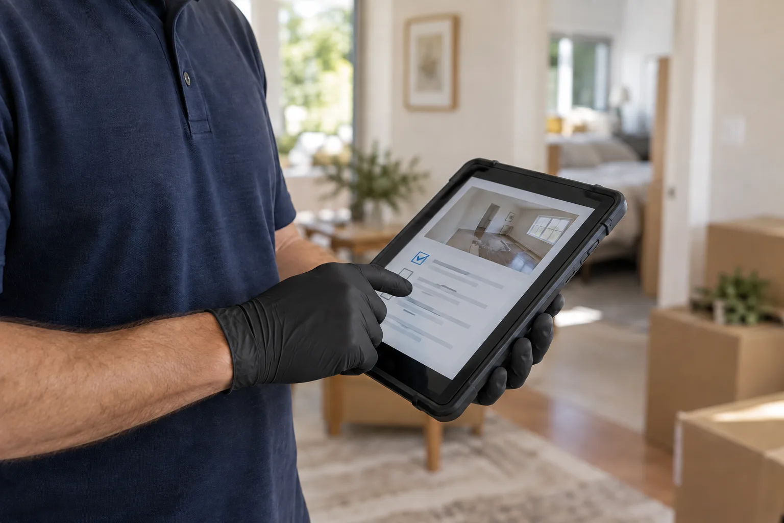 Black-gloved professional reviewing a property assessment on a tablet.