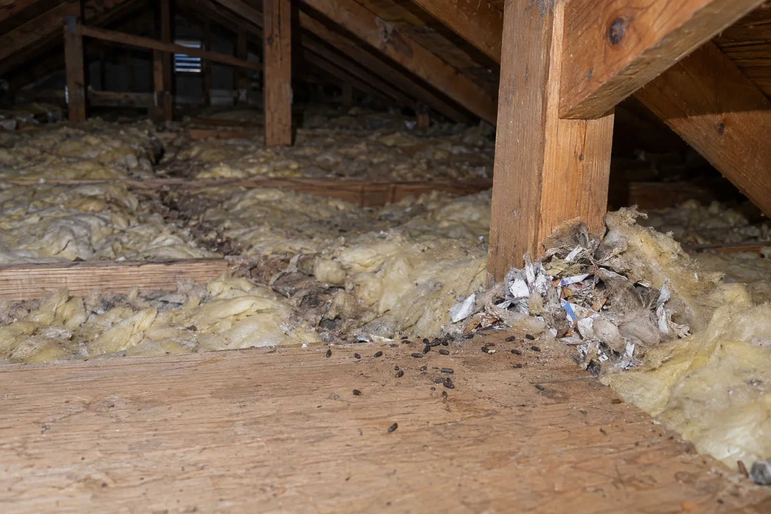 Rodent evidence on an attic platform beside insulation and timber framing.