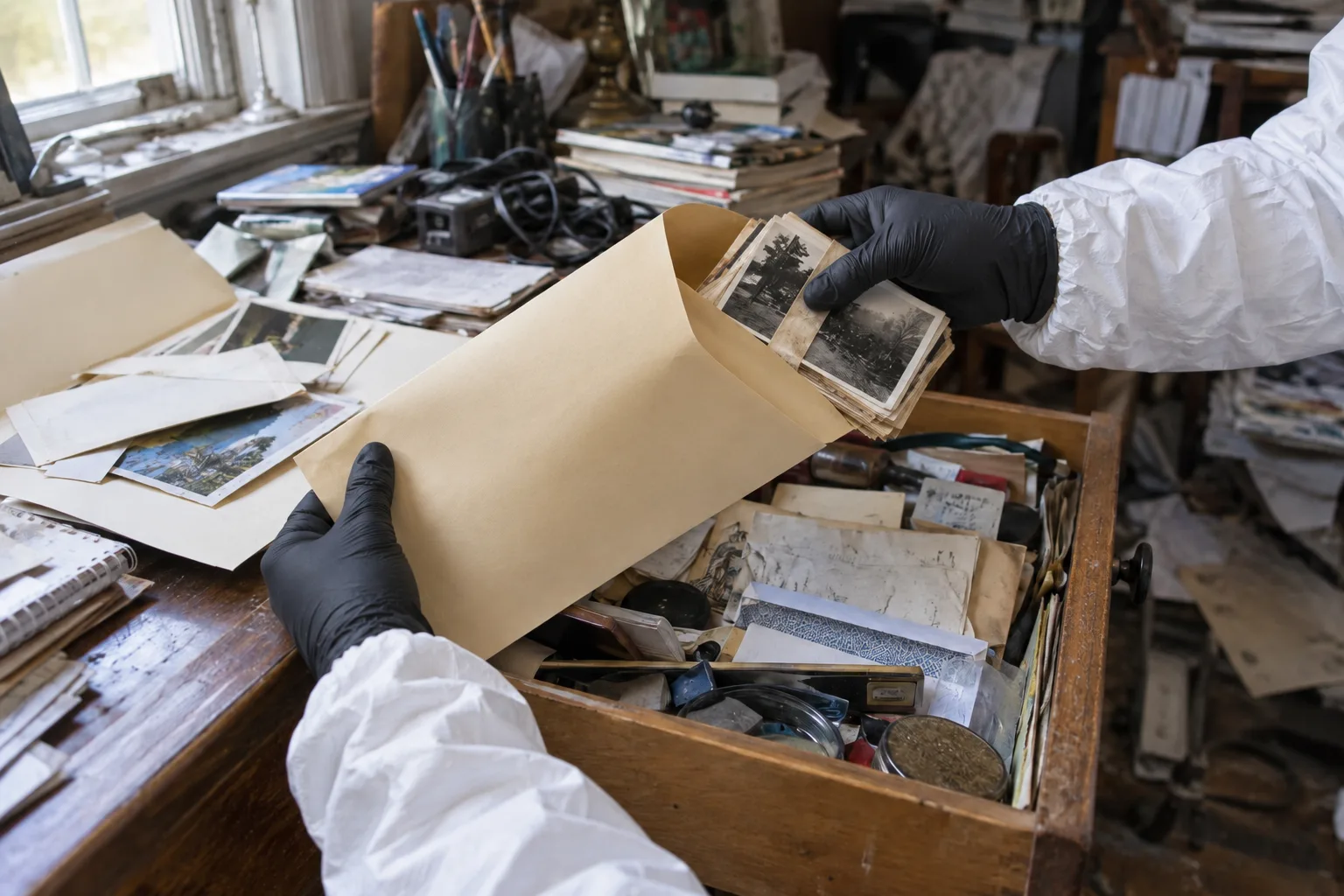 Black-gloved hands placing family photographs into a large manila envelope.