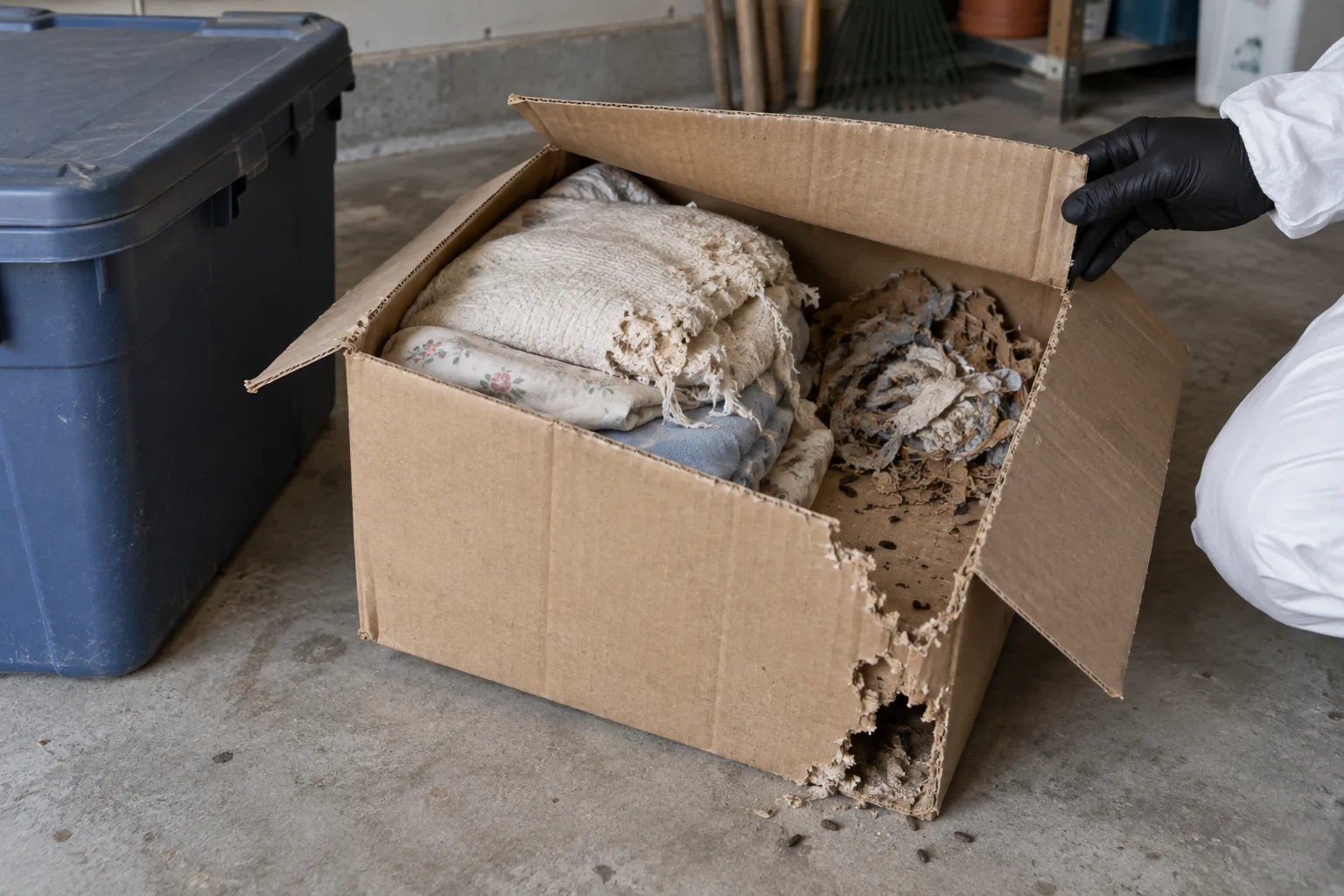 Black-gloved hands inspecting a damaged carton of stored fabrics.