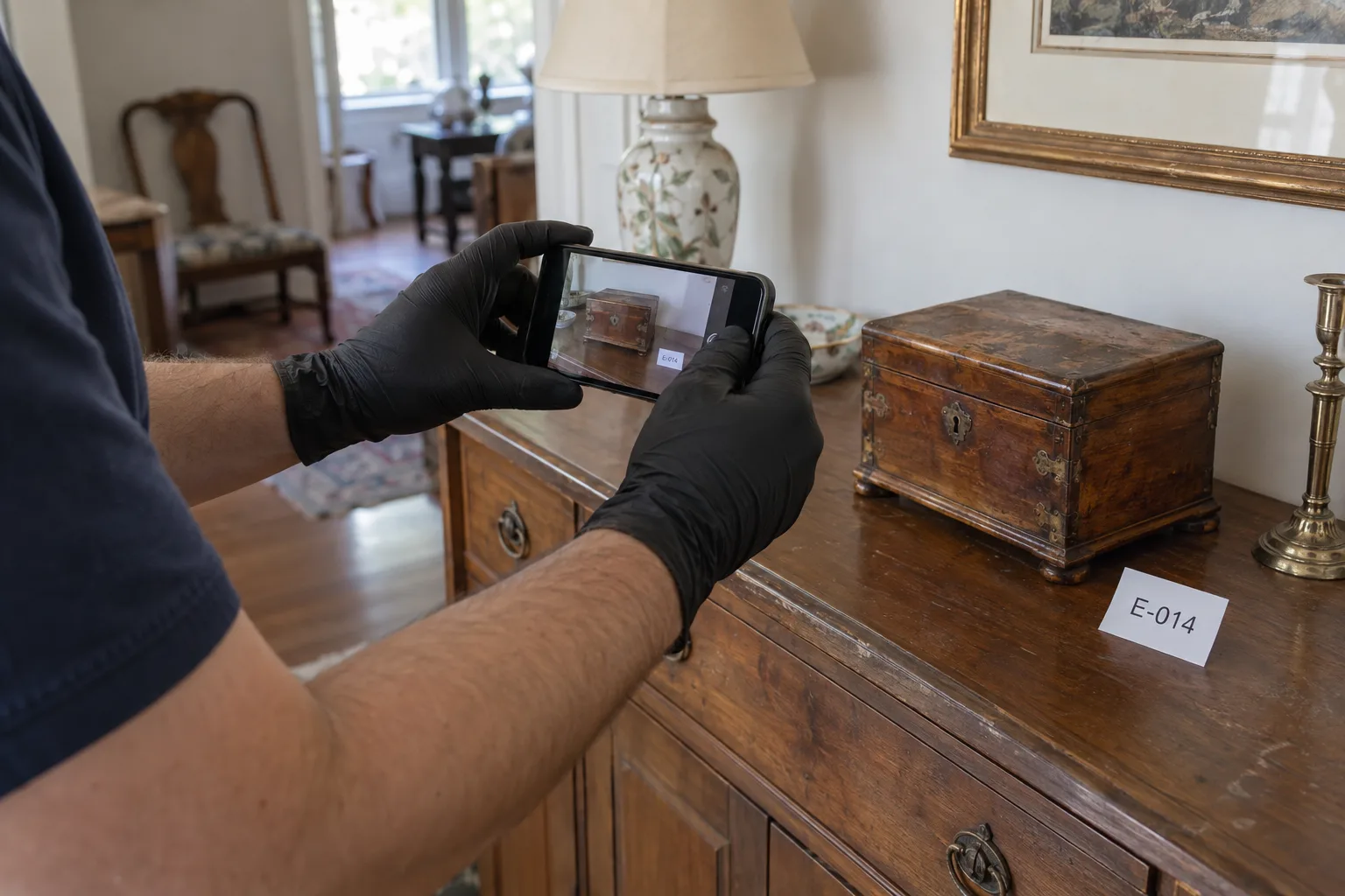 Black-gloved hands photographing a labeled wooden jewelry chest.
