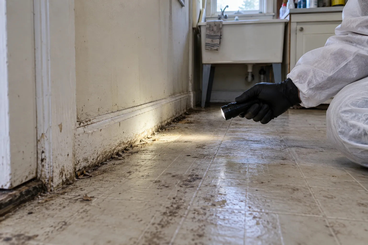 Black-gloved technician inspecting a soiled utility floor with a flashlight.
