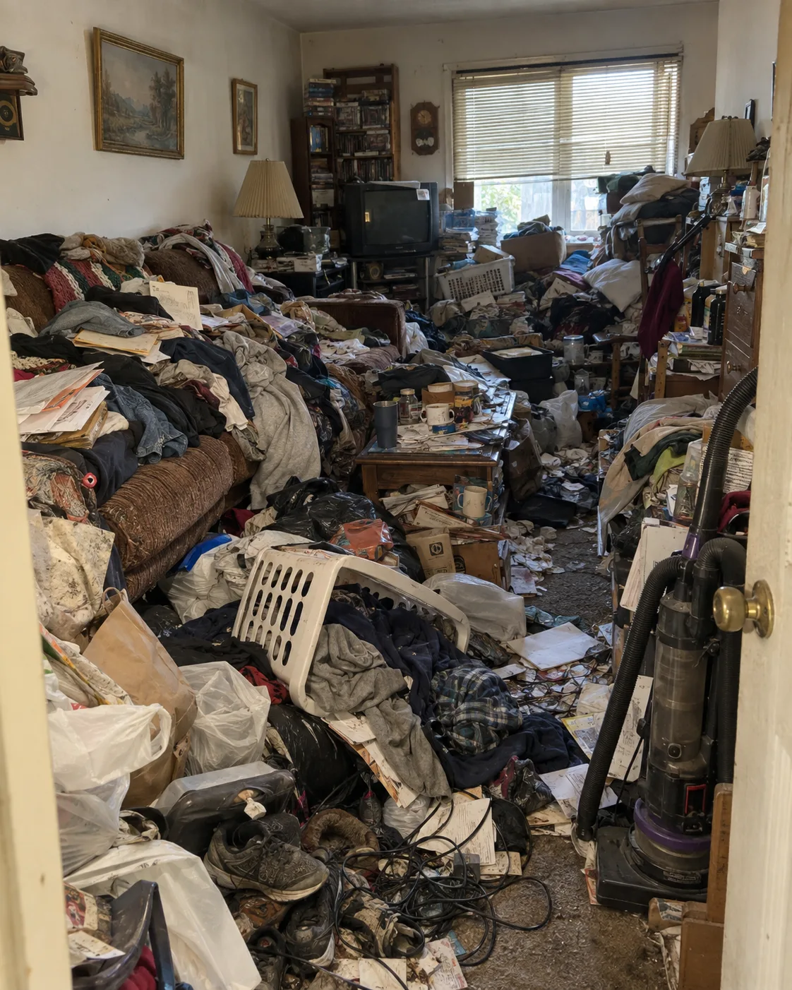 Living room heavily filled with accumulated household belongings.
