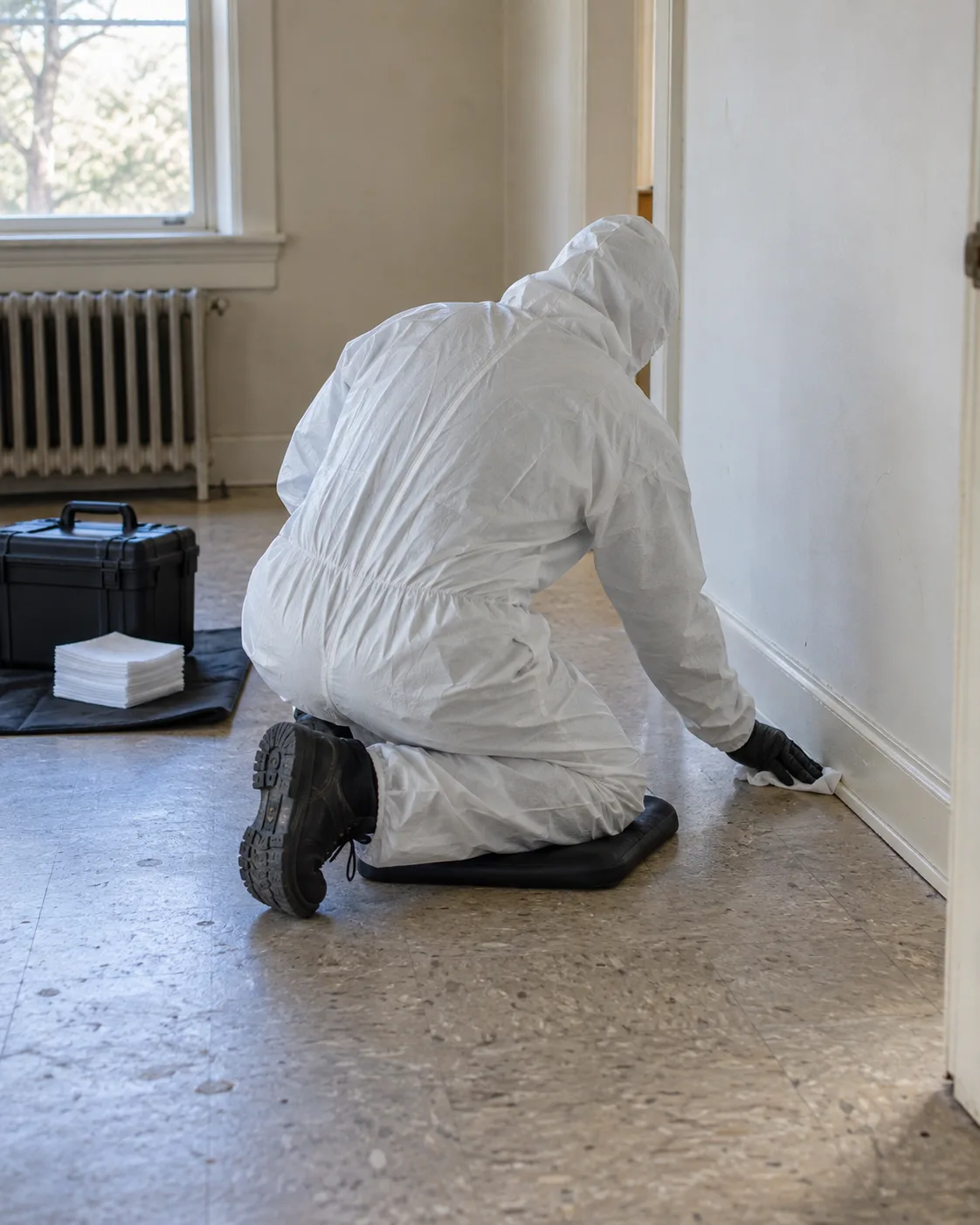 Technician in protective clothing working on an interior floor.