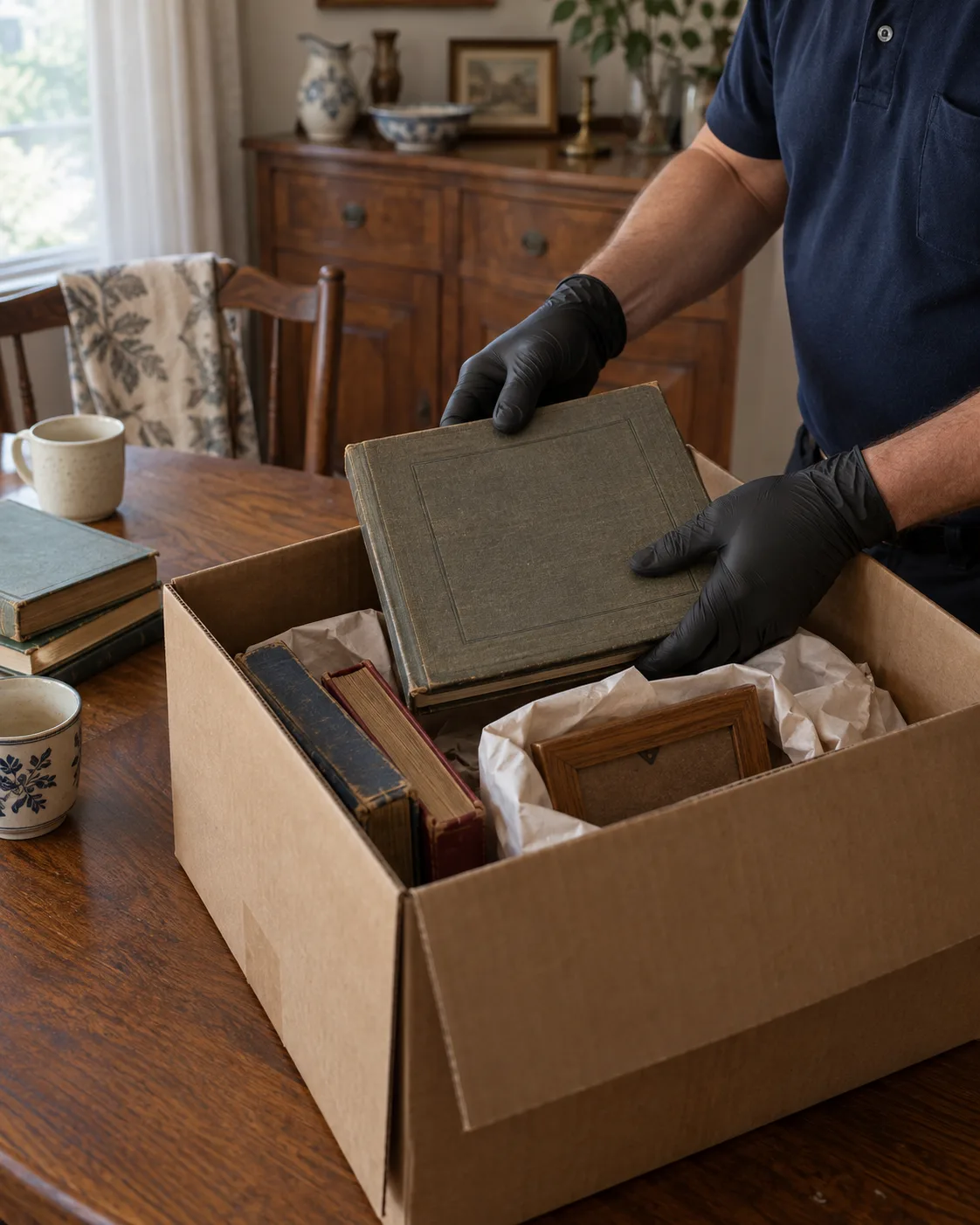 Black-gloved hands handling family keepsakes and albums.